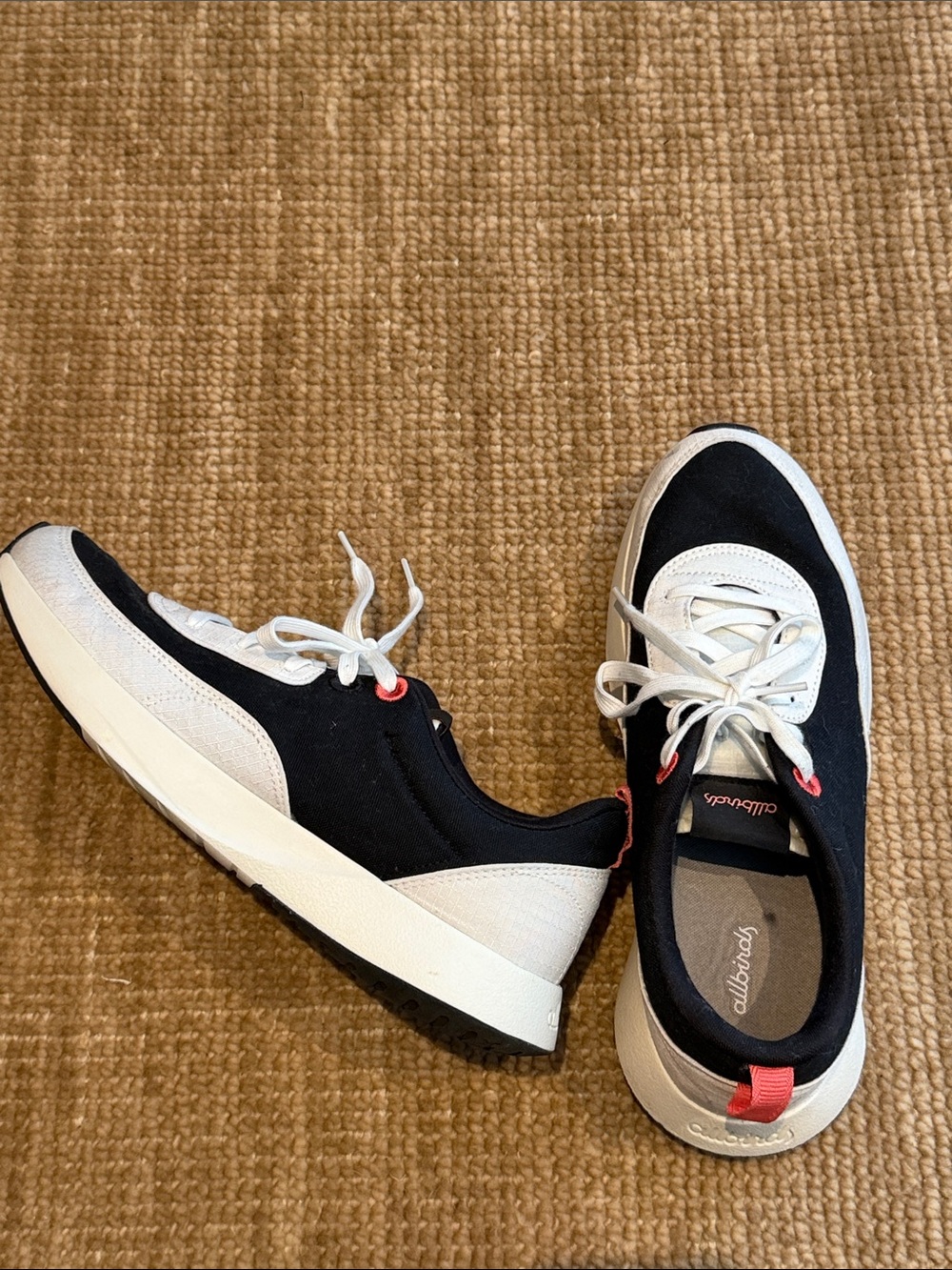 allbirds Men's Black and White Sneakers with Coral Accents